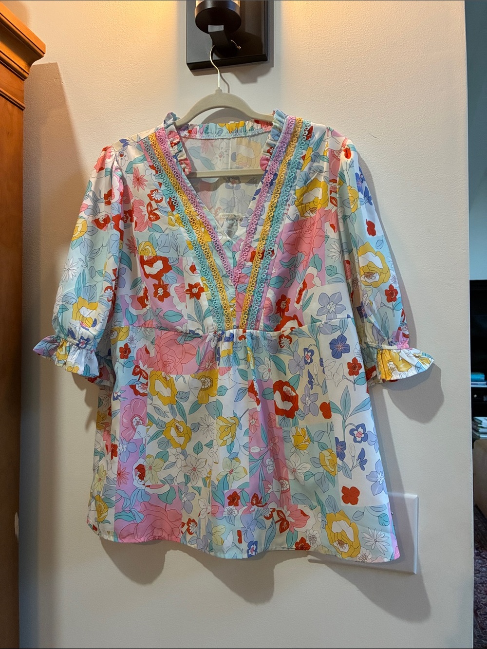 XL fun trim detail bold pastel flowers top. Boutique brand. Worn once.